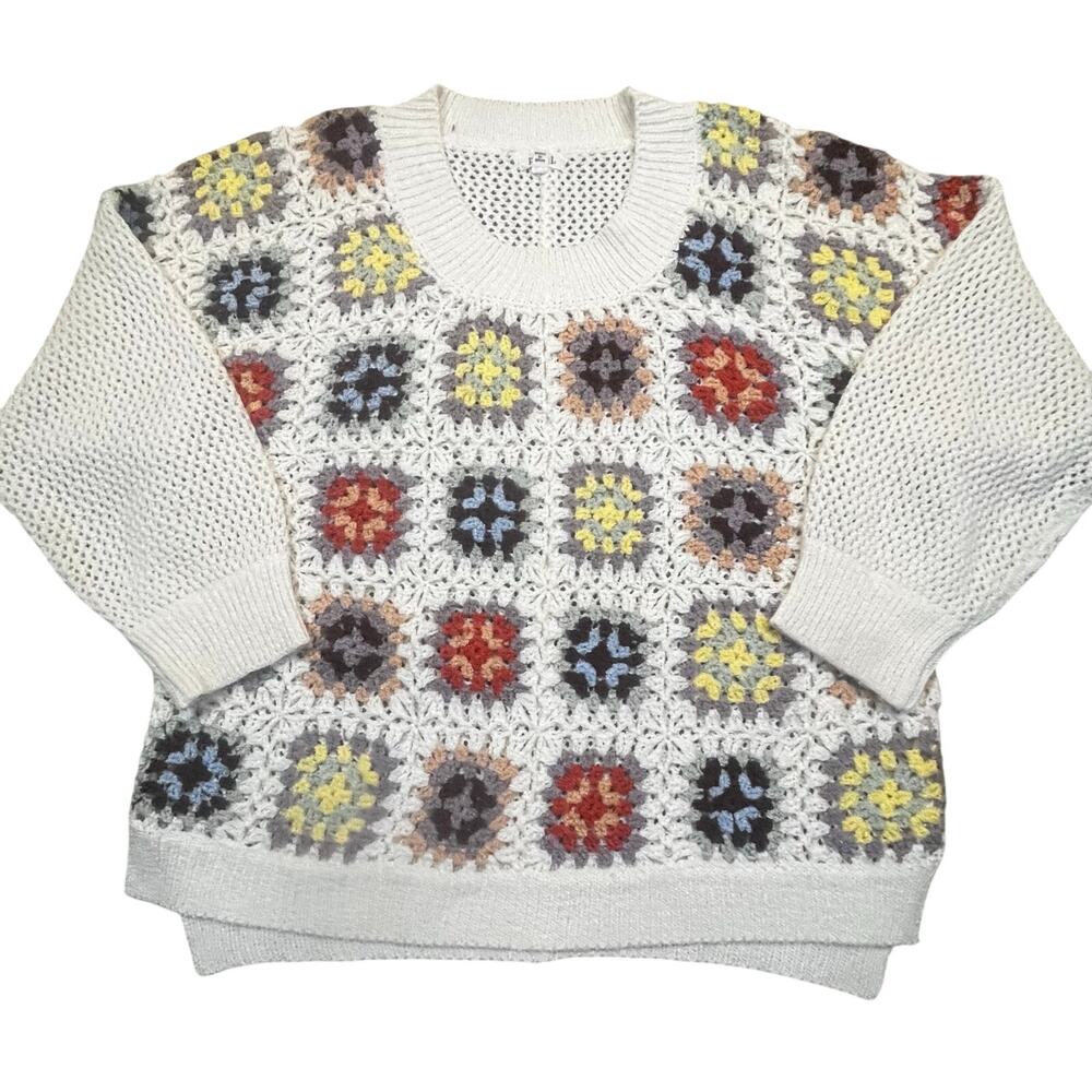 POL Women Medium Crochet‎ Sweater Granny Square Patchwork Boho Hippie Cozy